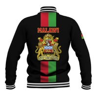 Black baseball jacket with striped ribbed collar, back MALAWI coat of arms and motto