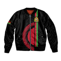 Black bomber jacket with front zipper, Malawi crest and flag stripe graphic