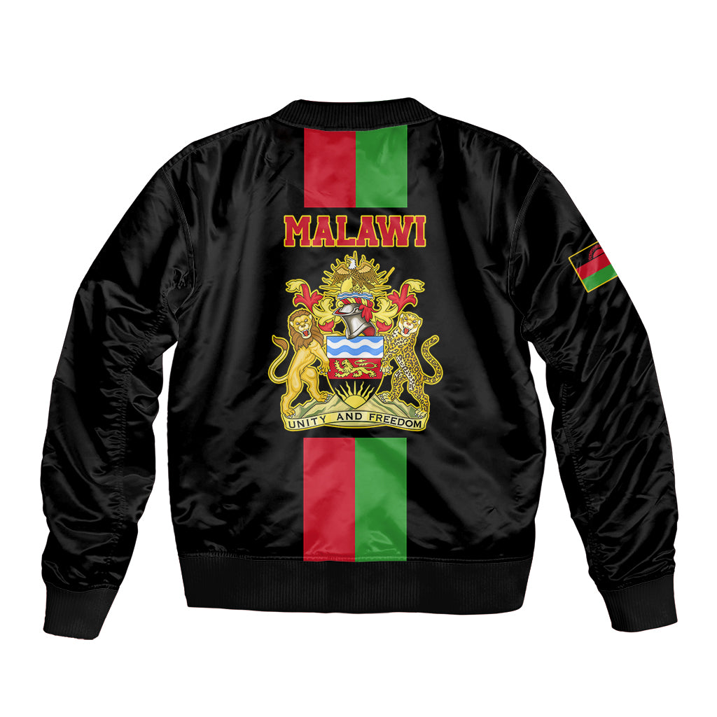 Black bomber jacket back with MALAWI text, coat of arms and flag panel