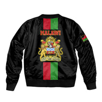 Black bomber jacket back with MALAWI text, coat of arms and flag panel