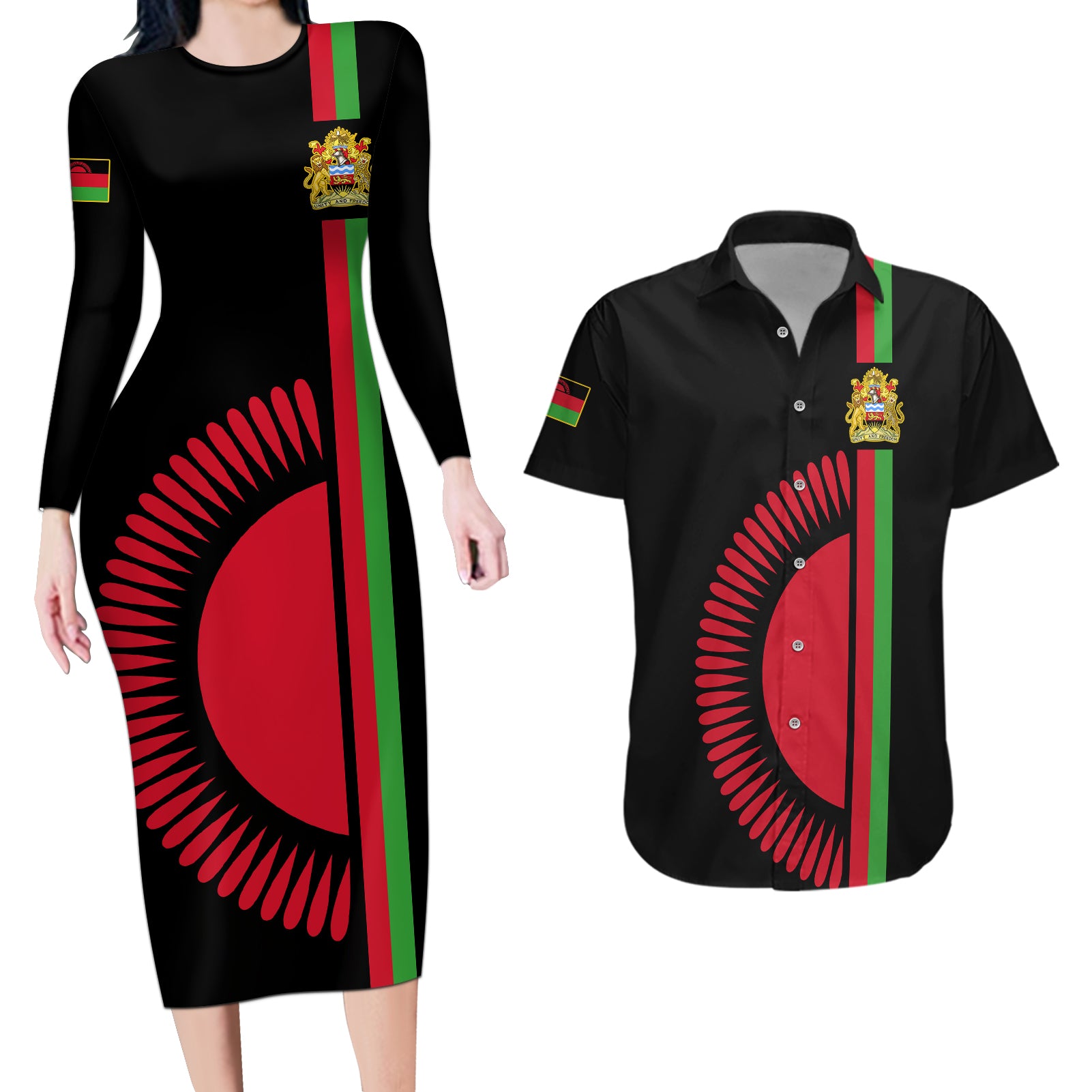 Malawi Couples Matching Long Sleeve Bodycon Dress and Hawaiian Shirt With Coat Of Arms Flag Style - Wonder Print Shop