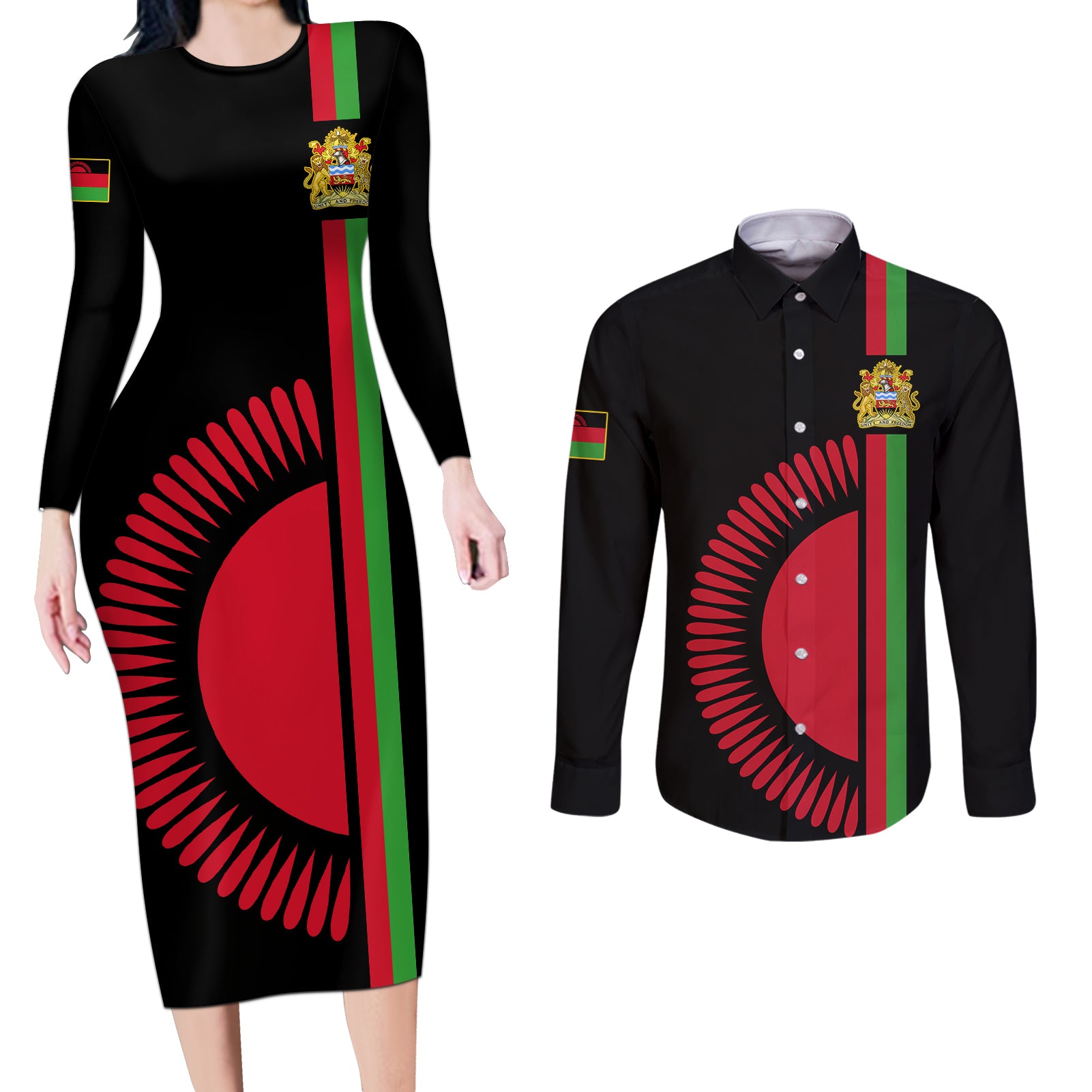 Malawi Couples Matching Long Sleeve Bodycon Dress and Long Sleeve Button Shirts With Coat Of Arms Flag Style - Wonder Print Shop