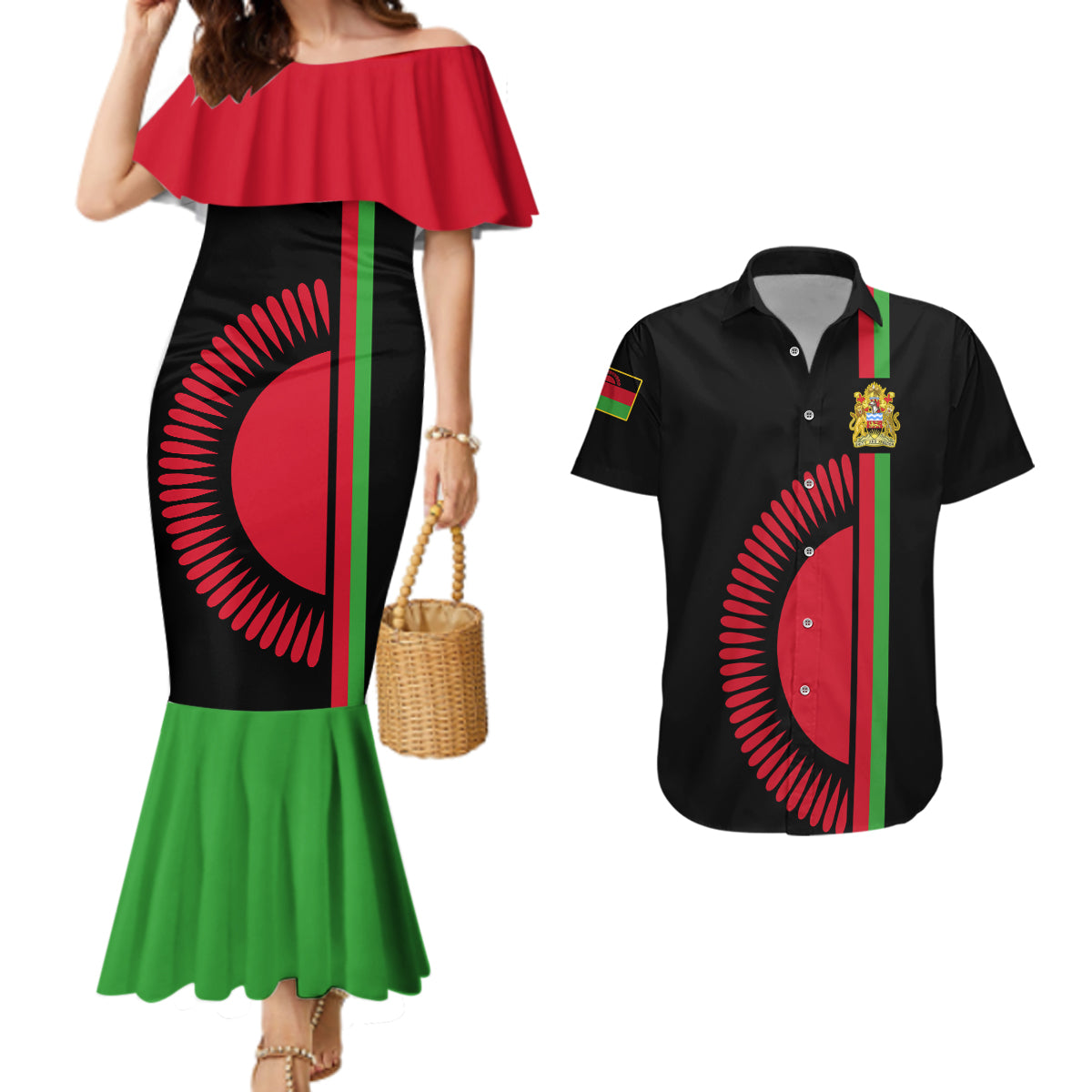 Malawi Couples Matching Mermaid Dress and Hawaiian Shirt With Coat Of Arms Flag Style - Wonder Print Shop