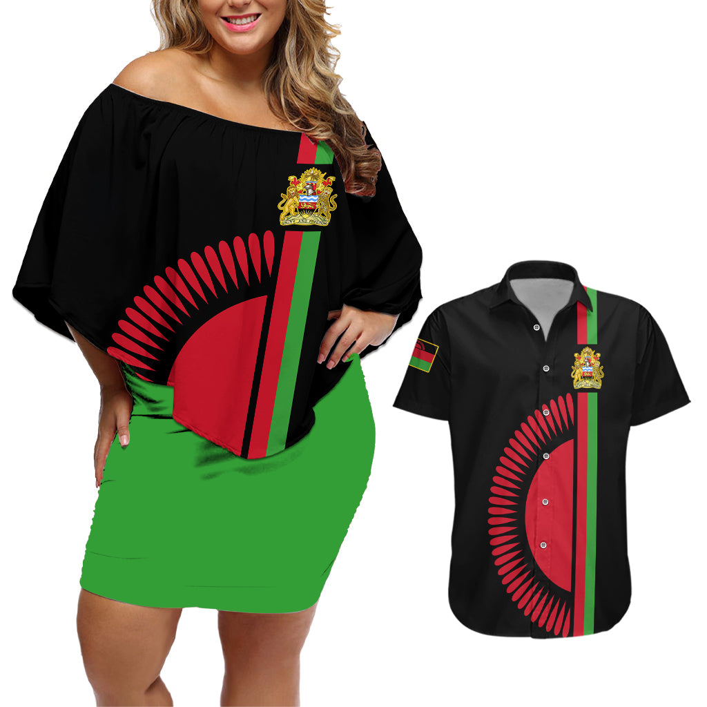 Malawi Couples Matching Off Shoulder Short Dress and Hawaiian Shirt With Coat Of Arms Flag Style - Wonder Print Shop