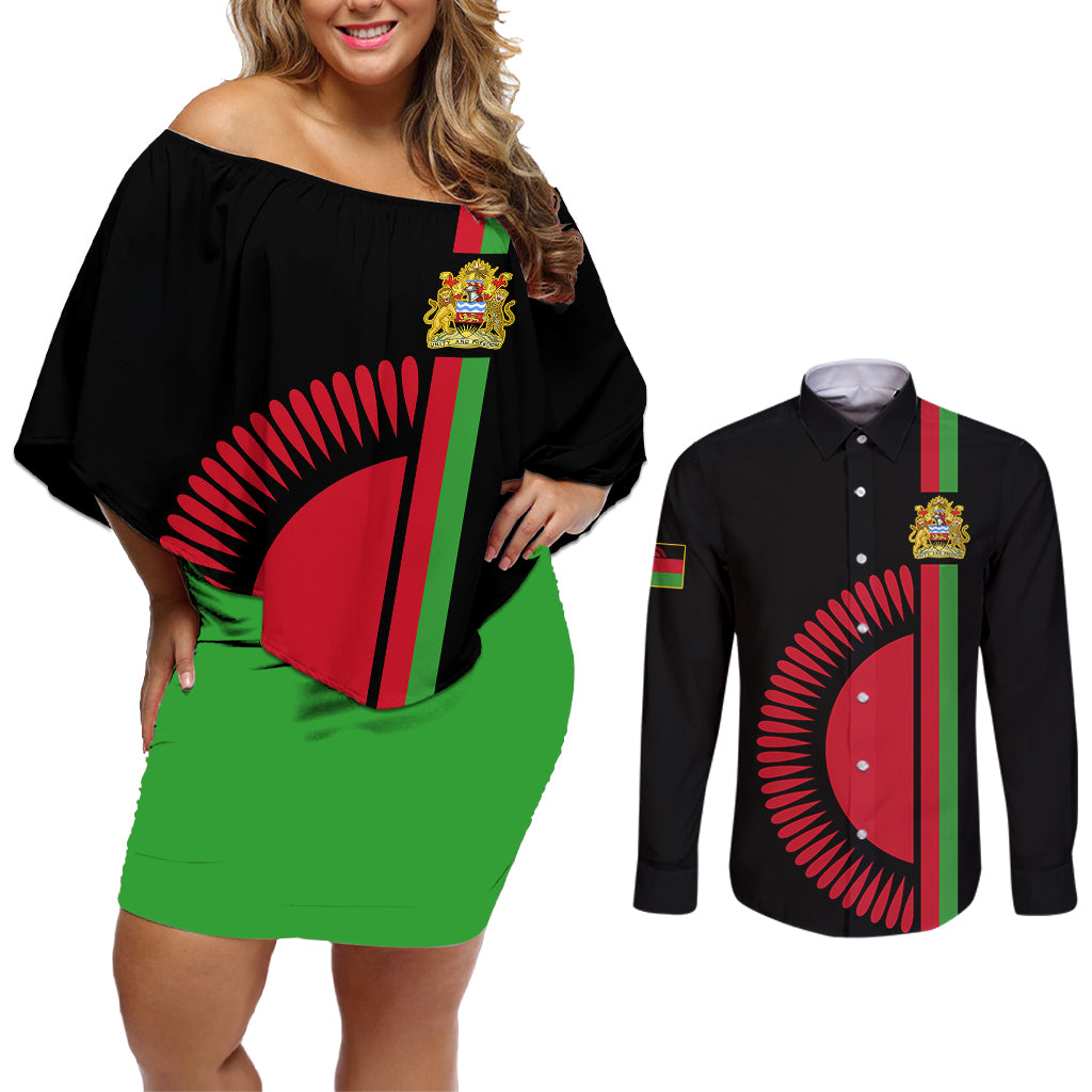 Malawi Couples Matching Off Shoulder Short Dress and Long Sleeve Button Shirts With Coat Of Arms Flag Style - Wonder Print Shop