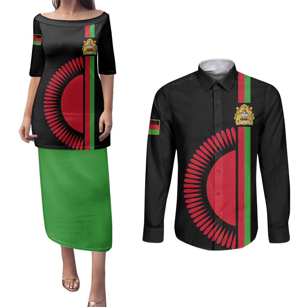 Malawi Couples Matching Puletasi Dress and Long Sleeve Button Shirts With Coat Of Arms Flag Style - Wonder Print Shop