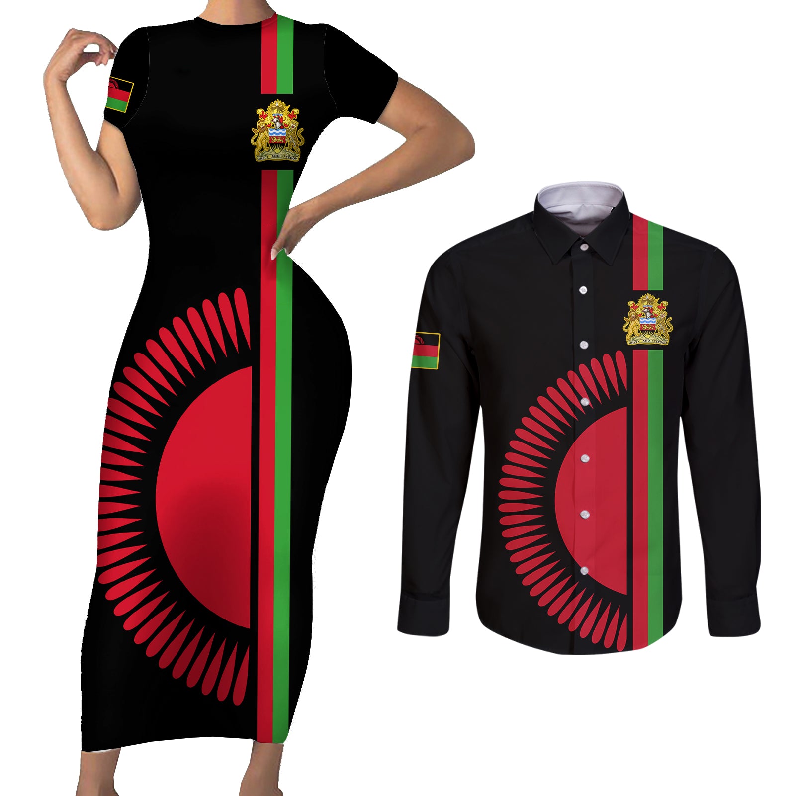 Malawi Couples Matching Short Sleeve Bodycon Dress and Long Sleeve Button Shirts With Coat Of Arms Flag Style - Wonder Print Shop