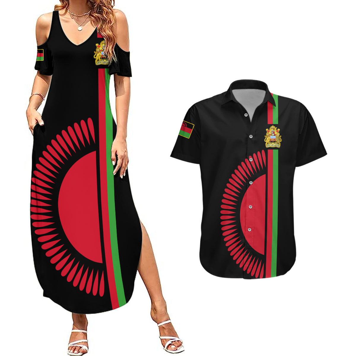 Malawi Couples Matching Summer Maxi Dress and Hawaiian Shirt With Coat Of Arms Flag Style - Wonder Print Shop