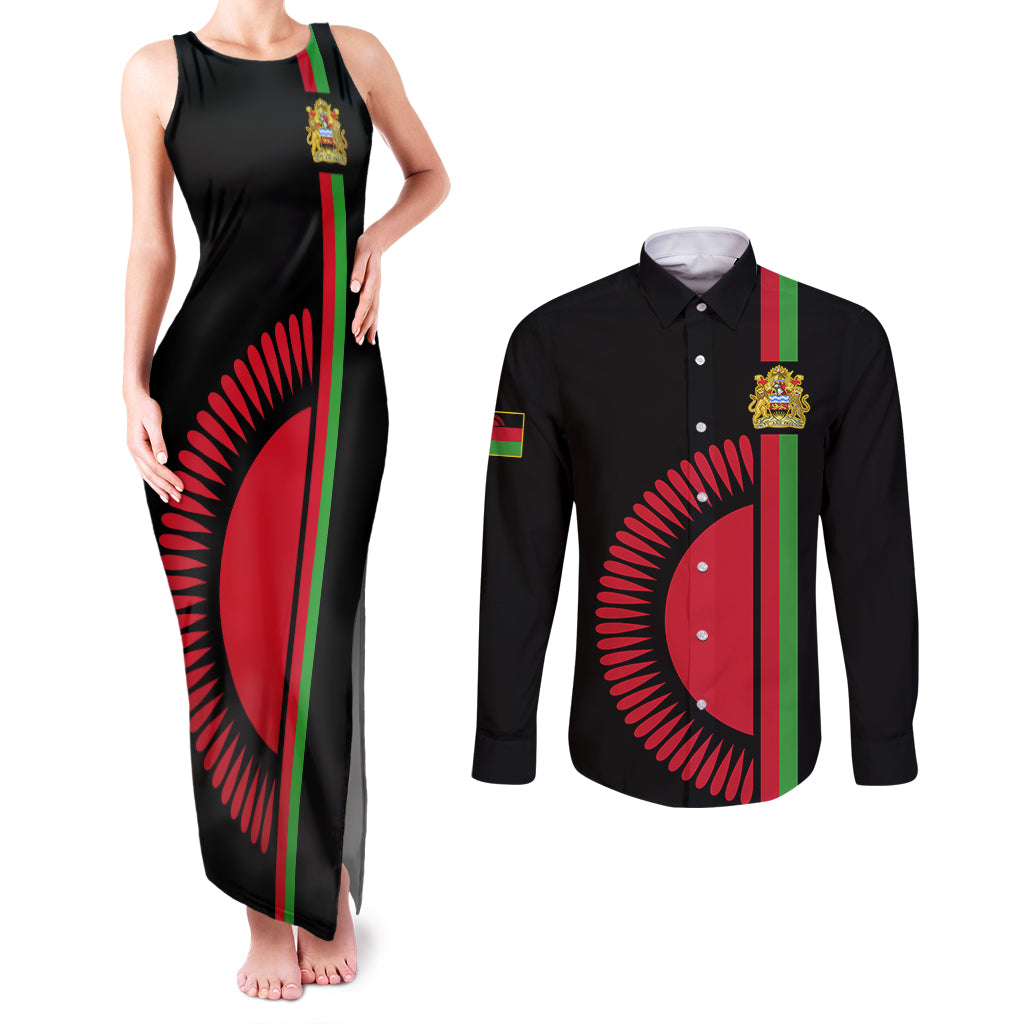 Malawi Couples Matching Tank Maxi Dress and Long Sleeve Button Shirts With Coat Of Arms Flag Style - Wonder Print Shop