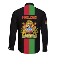 Black long-sleeve button shirt back view with MALAWI text and coat-of-arms crest