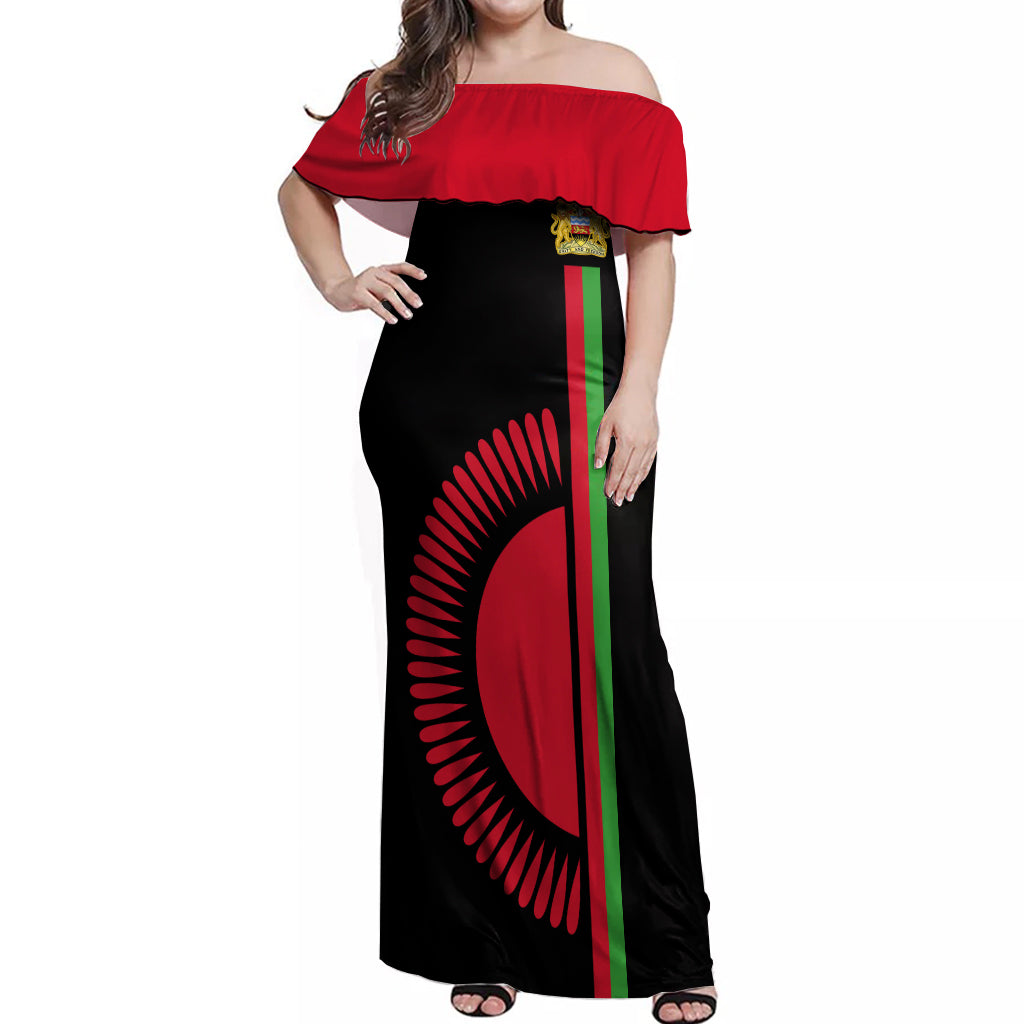 Malawi Off Shoulder Maxi Dress With Coat Of Arms Flag Style - Wonder Print Shop