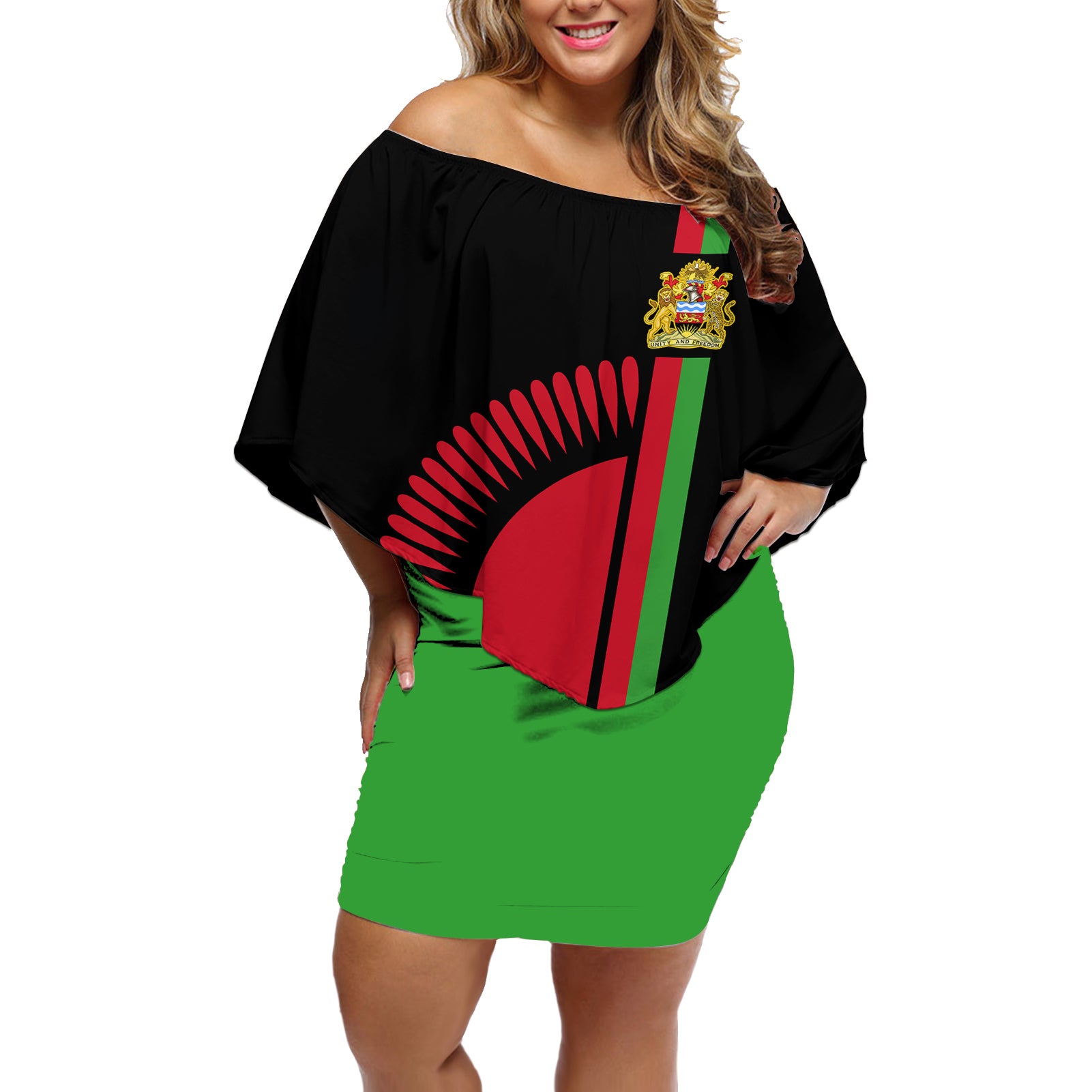 Malawi Off Shoulder Short Dress With Coat Of Arms Flag Style - Wonder Print Shop