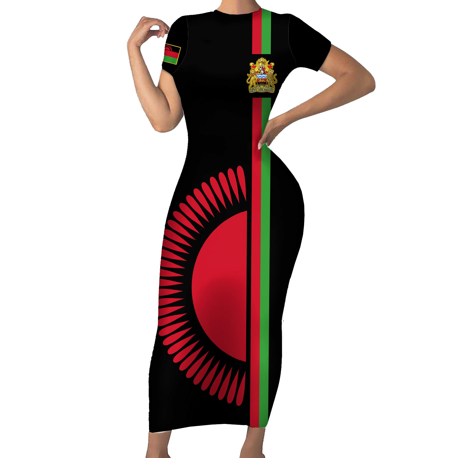 Malawi Short Sleeve Bodycon Dress With Coat Of Arms Flag Style - Wonder Print Shop