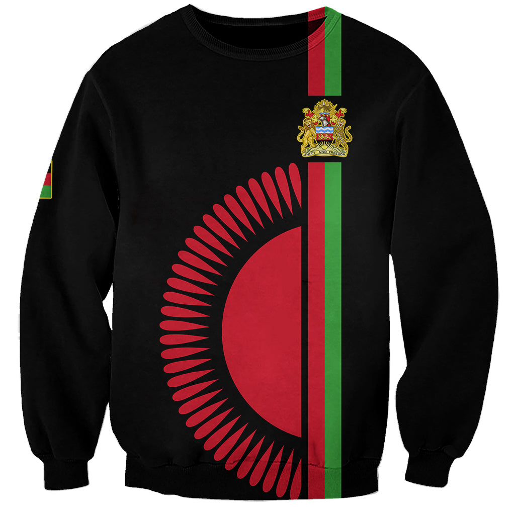 Black sweatshirt with Malawi coat of arms crest and red circular flag graphic