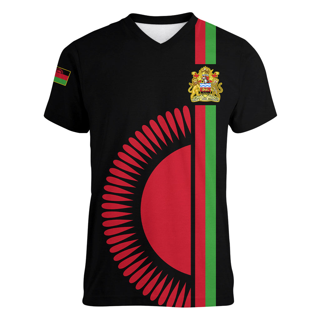 Malawi Women V Neck T Shirt With Coat Of Arms Flag Style - Wonder Print Shop