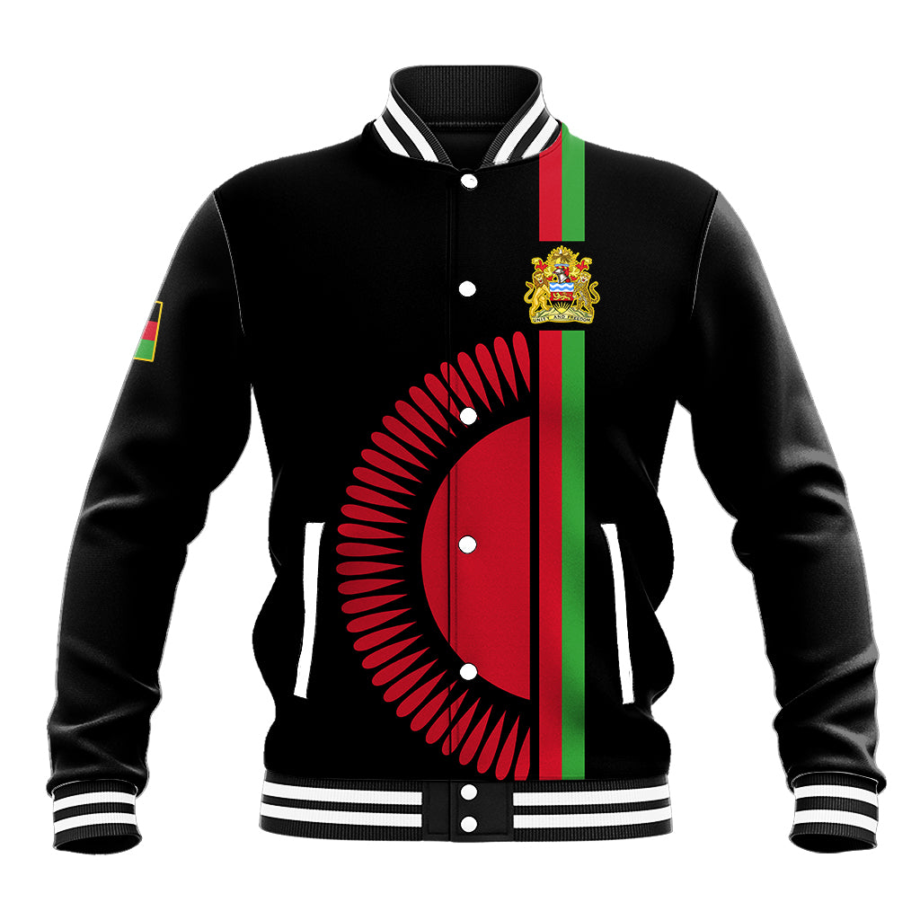 Black varsity baseball jacket with Malawi flag crest front, ribbed collar and cuffs.