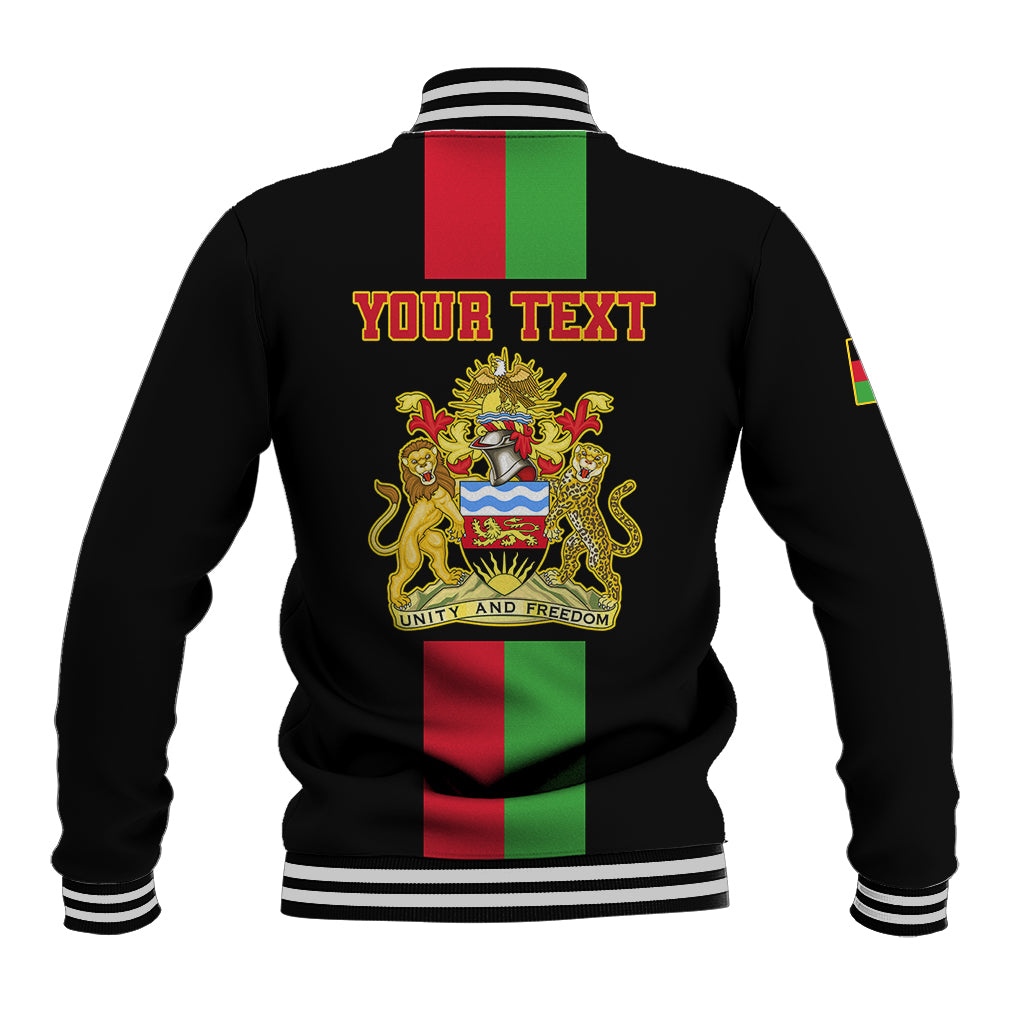 Black baseball jacket back with coat of arms, 'YOUR TEXT' print, ribbed hem.