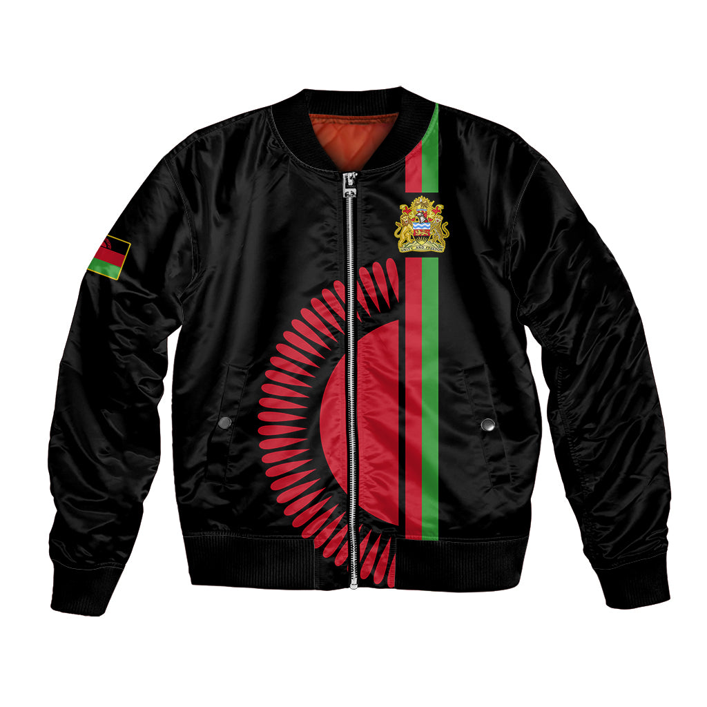 Black bomber jacket with front zip and Malawi coat of arms flag patch