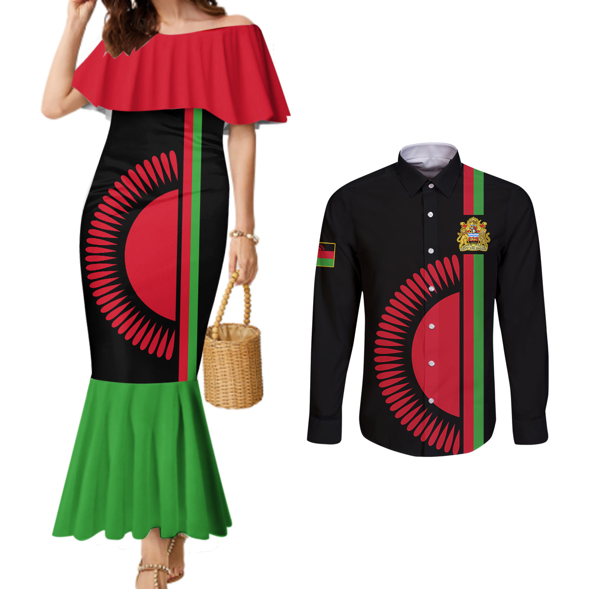 personalised-malawi-couples-matching-mermaid-dress-and-long-sleeve-button-shirts-with-coat-of-arms-flag-style