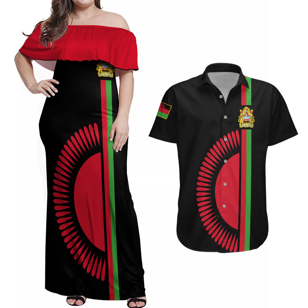 Personalised Malawi Couples Matching Off Shoulder Maxi Dress and Hawaiian Shirt With Coat Of Arms Flag Style - Wonder Print Shop