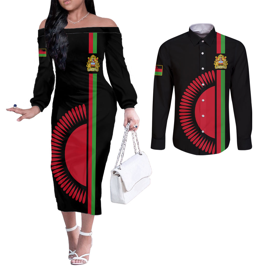 personalised-malawi-couples-matching-off-the-shoulder-long-sleeve-dress-and-long-sleeve-button-shirts-with-coat-of-arms-flag-style