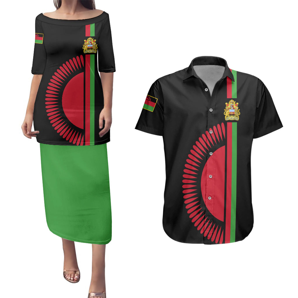 Personalised Malawi Couples Matching Puletasi Dress and Hawaiian Shirt With Coat Of Arms Flag Style - Wonder Print Shop