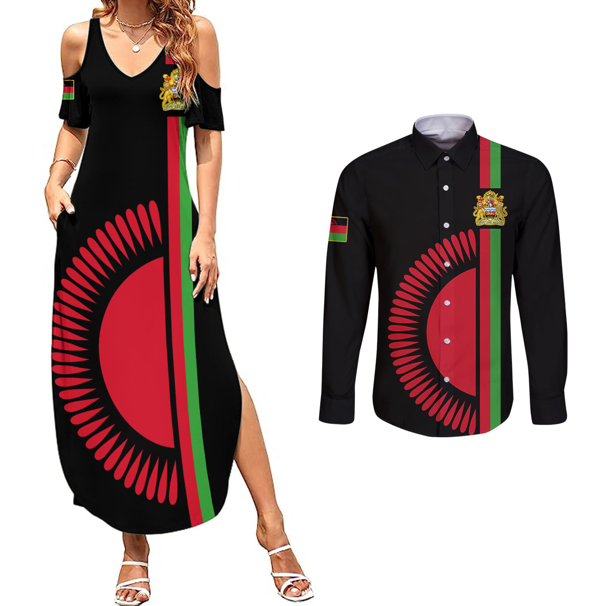 Personalised Malawi Couples Matching Summer Maxi Dress and Long Sleeve Button Shirts With Coat Of Arms Flag Style - Wonder Print Shop