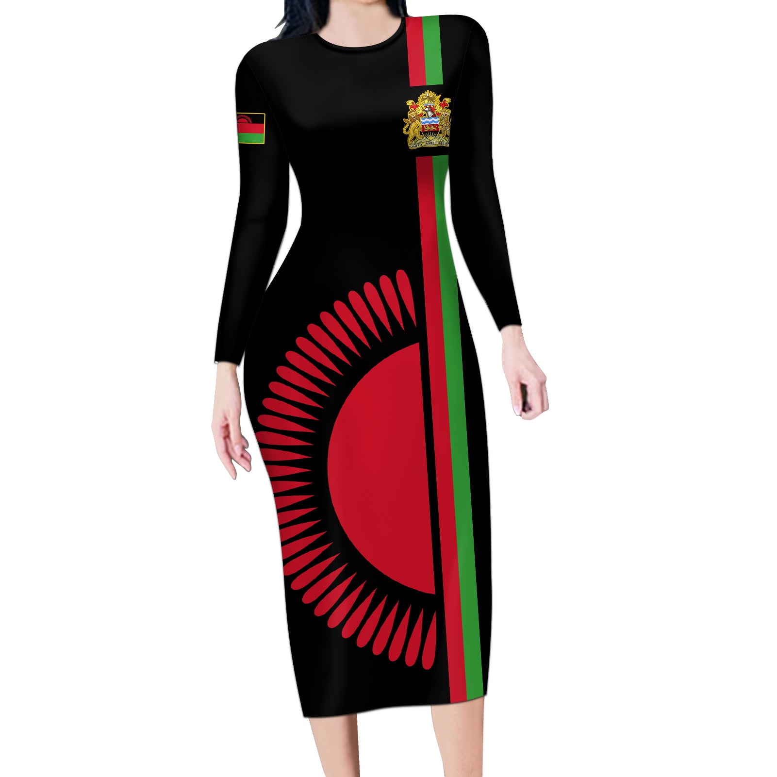 Personalised Malawi Long Sleeve Bodycon Dress With Coat Of Arms Flag Style - Wonder Print Shop