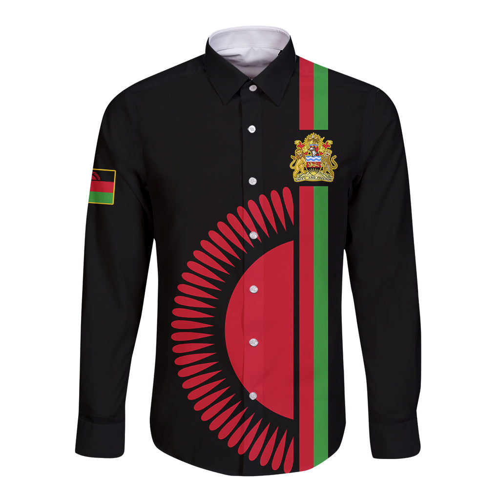 Black long-sleeve button shirt with Malawi crest and flag stripe graphic on front