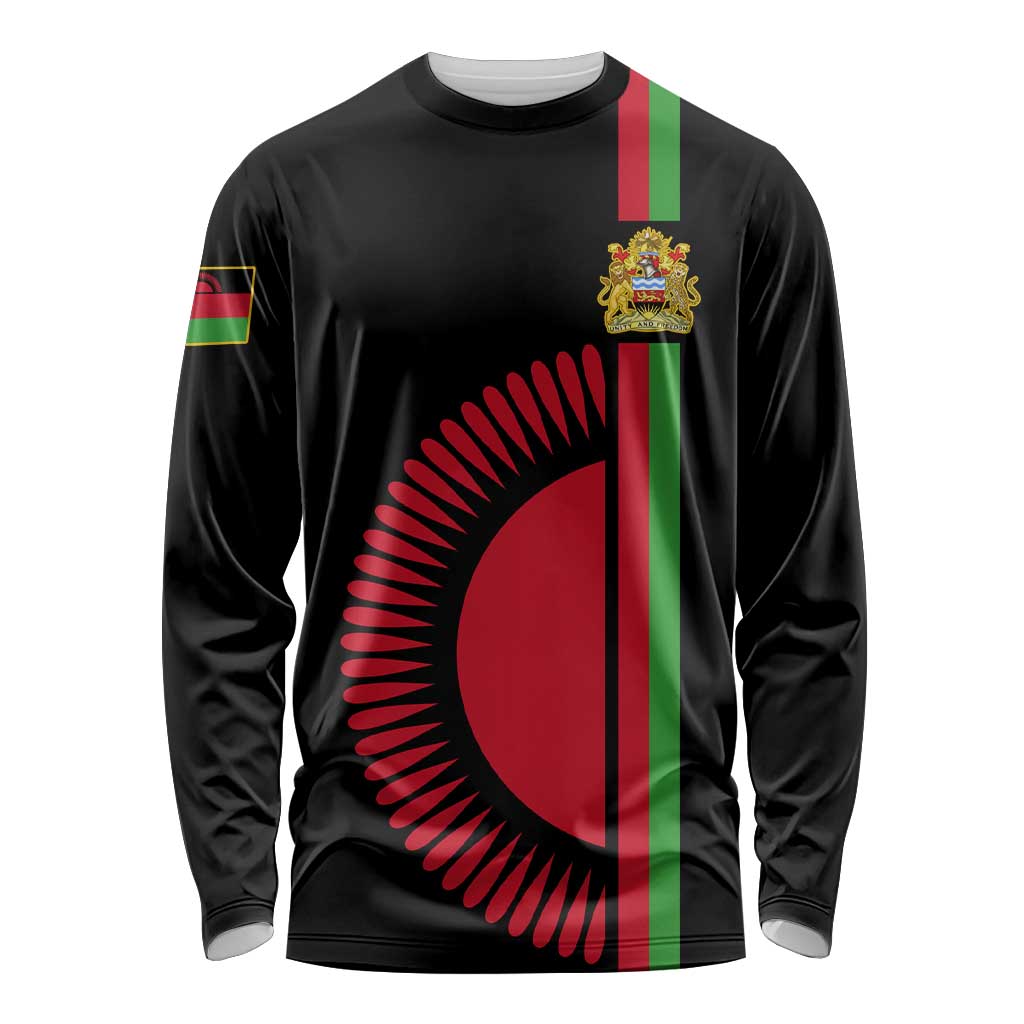 Black long-sleeve shirt with Malawi flag stripes and crest front graphic
