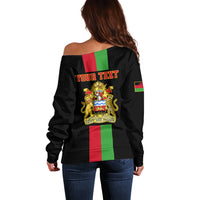 Black off-shoulder sweater, back print with 'YOUR TEXT' and Malawi coat of arms flag
