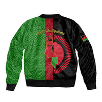 Unisex bomber jacket, back design with green patterned panel, red stripe, Malawi emblem