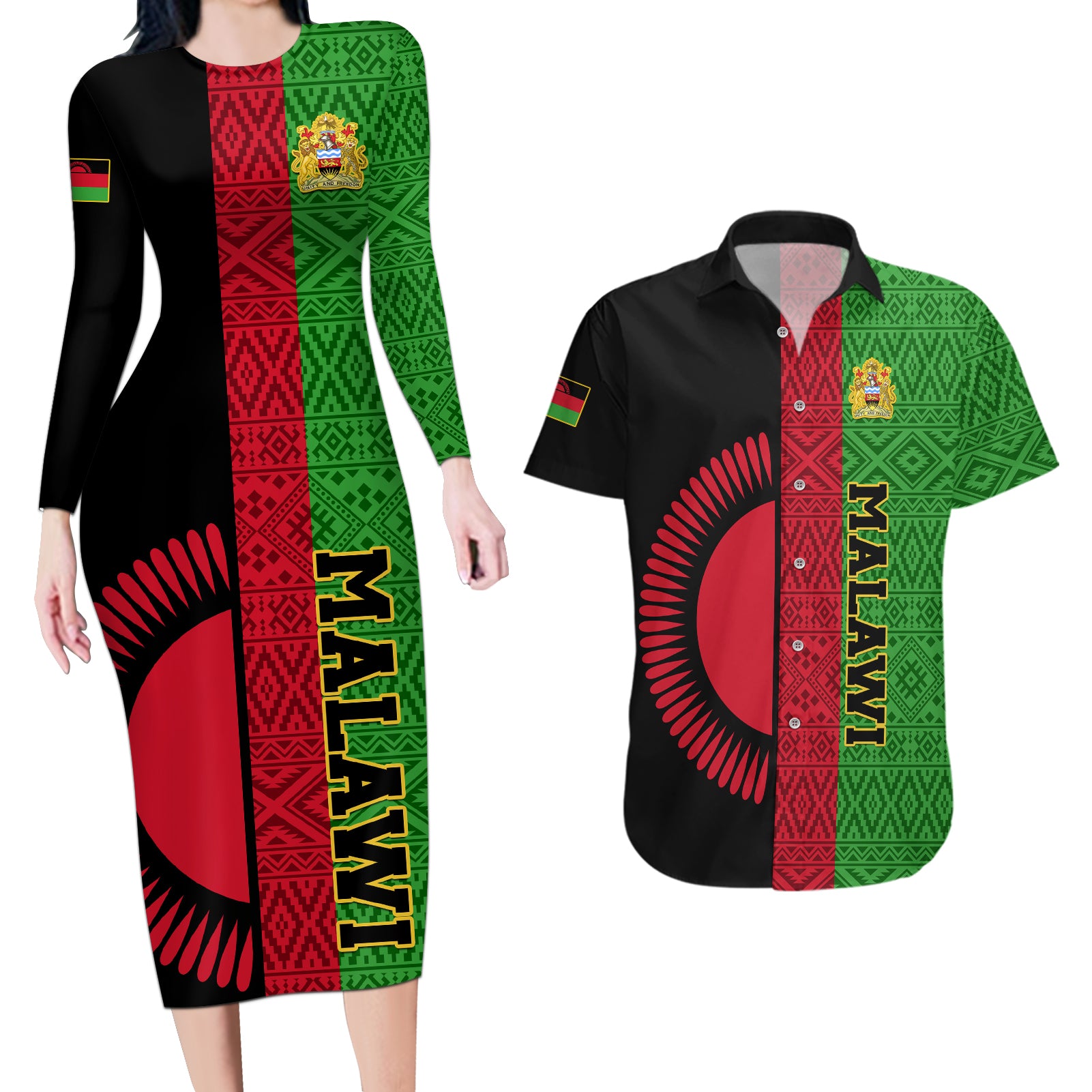 Malawi Couples Matching Long Sleeve Bodycon Dress and Hawaiian Shirt With Coat Of Arms Mix African Pattern - Wonder Print Shop