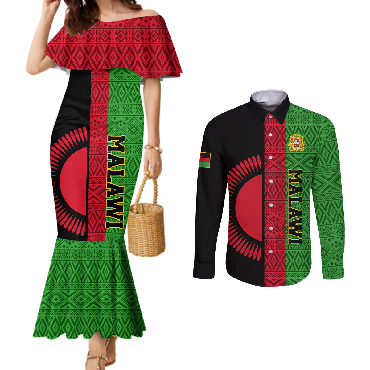 malawi-couples-matching-mermaid-dress-and-long-sleeve-button-shirts-with-coat-of-arms-mix-african-pattern