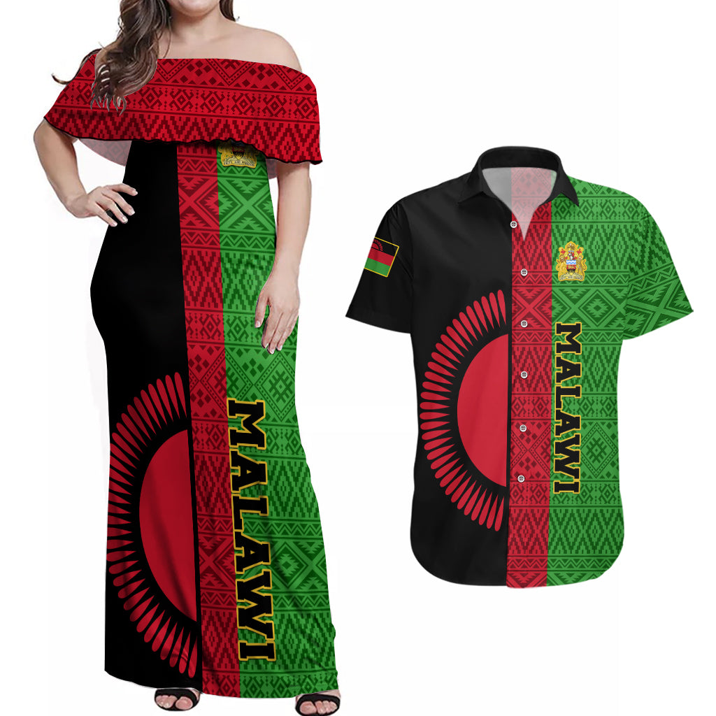 Malawi Couples Matching Off Shoulder Maxi Dress and Hawaiian Shirt With Coat Of Arms Mix African Pattern - Wonder Print Shop