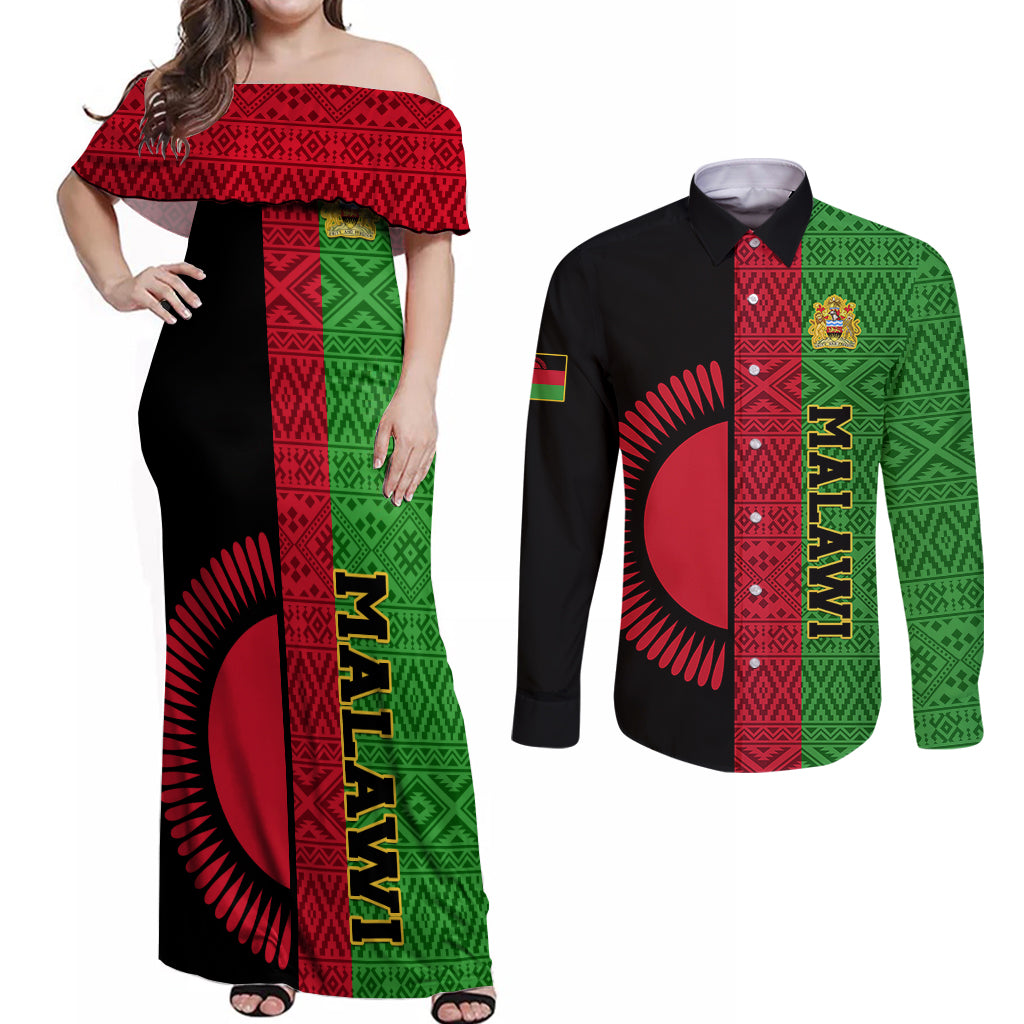 Malawi Couples Matching Off Shoulder Maxi Dress and Long Sleeve Button Shirts With Coat Of Arms Mix African Pattern - Wonder Print Shop