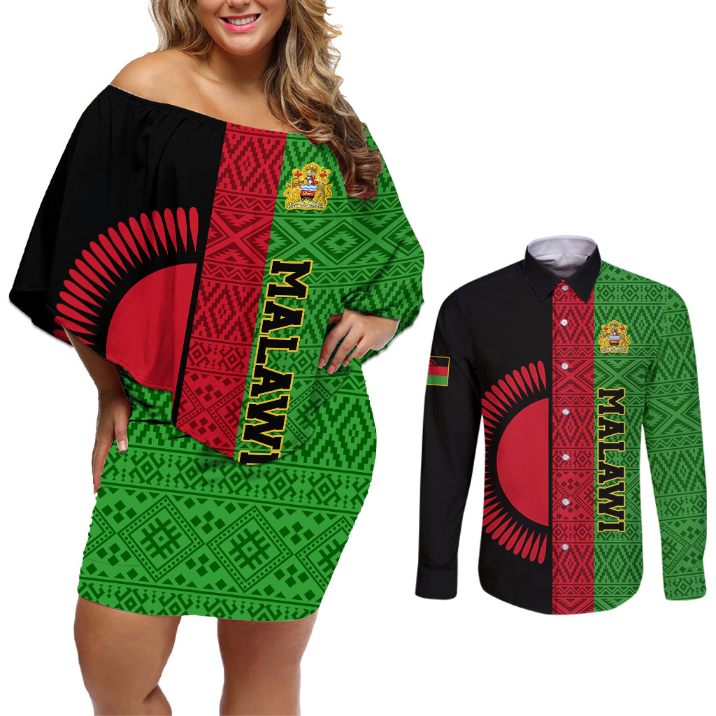 Malawi Couples Matching Off Shoulder Short Dress and Long Sleeve Button Shirts With Coat Of Arms Mix African Pattern - Wonder Print Shop