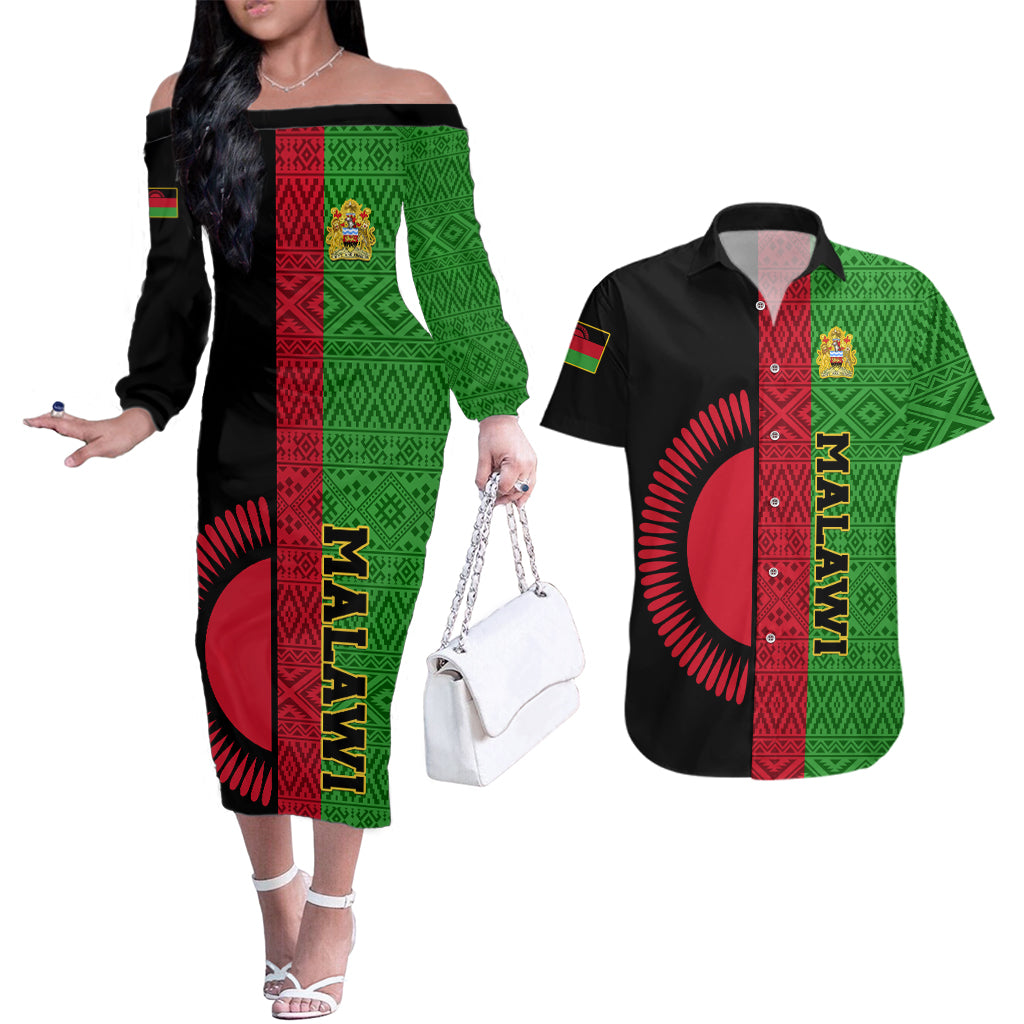 Malawi Couples Matching Off The Shoulder Long Sleeve Dress and Hawaiian Shirt With Coat Of Arms Mix African Pattern - Wonder Print Shop