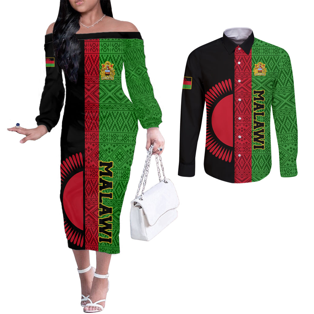 malawi-couples-matching-off-the-shoulder-long-sleeve-dress-and-long-sleeve-button-shirts-with-coat-of-arms-mix-african-pattern