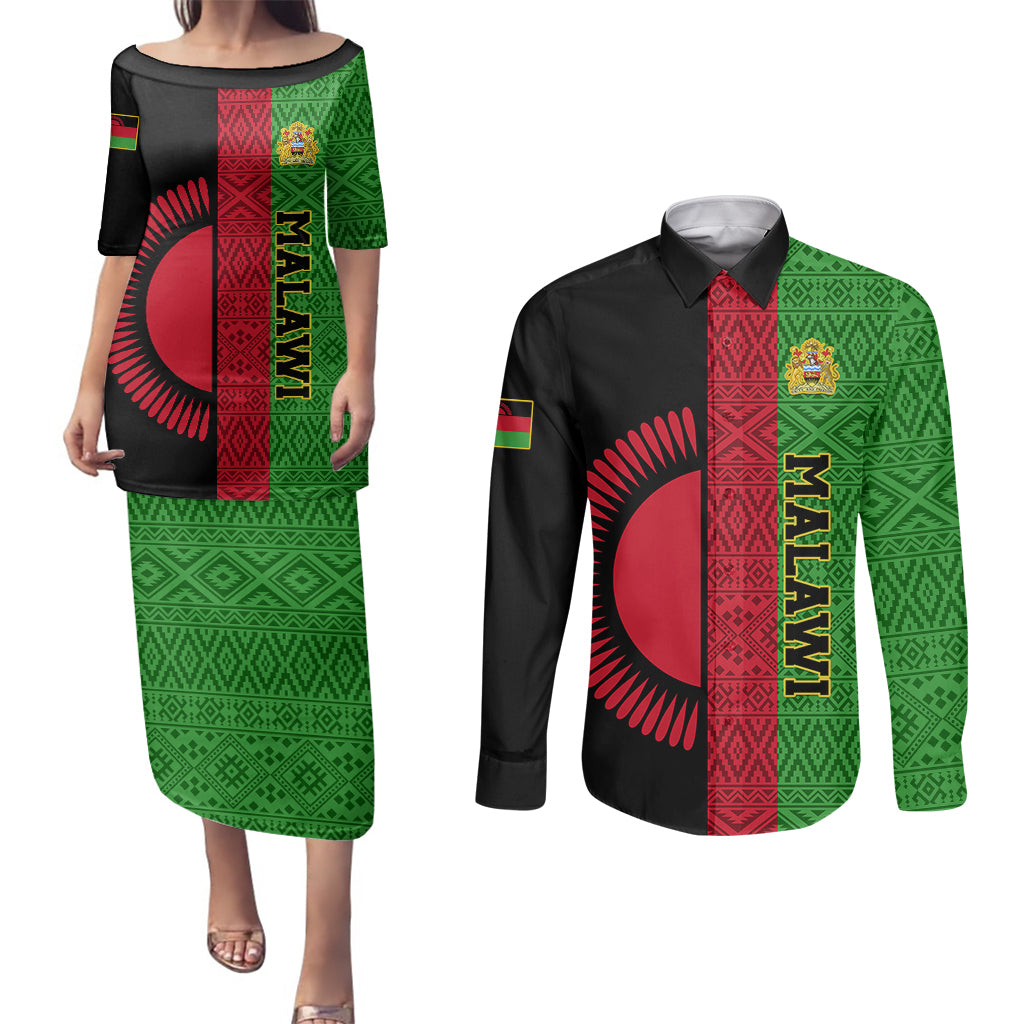 Malawi Couples Matching Puletasi Dress and Long Sleeve Button Shirts With Coat Of Arms Mix African Pattern - Wonder Print Shop