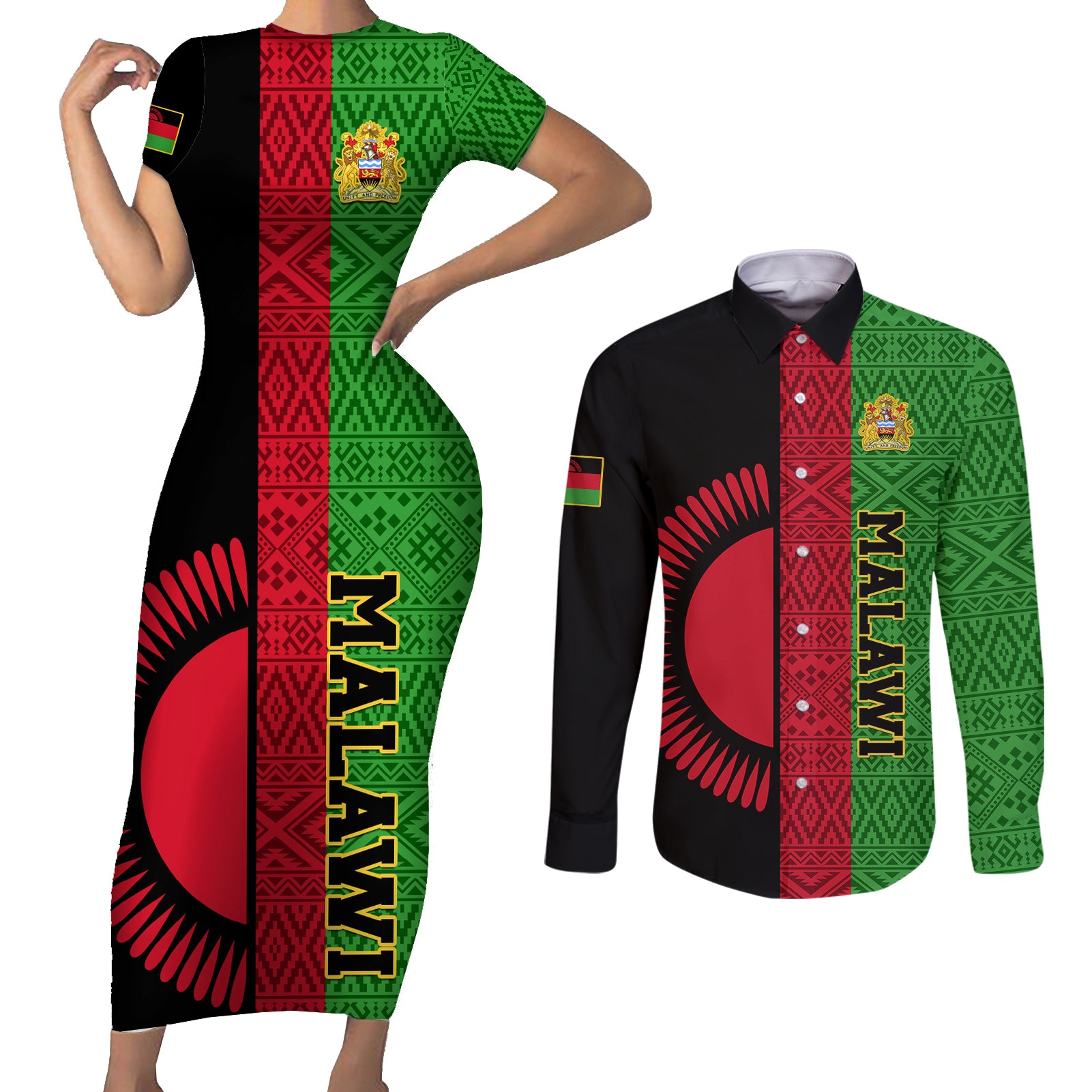 Malawi Couples Matching Short Sleeve Bodycon Dress and Long Sleeve Button Shirts With Coat Of Arms Mix African Pattern - Wonder Print Shop