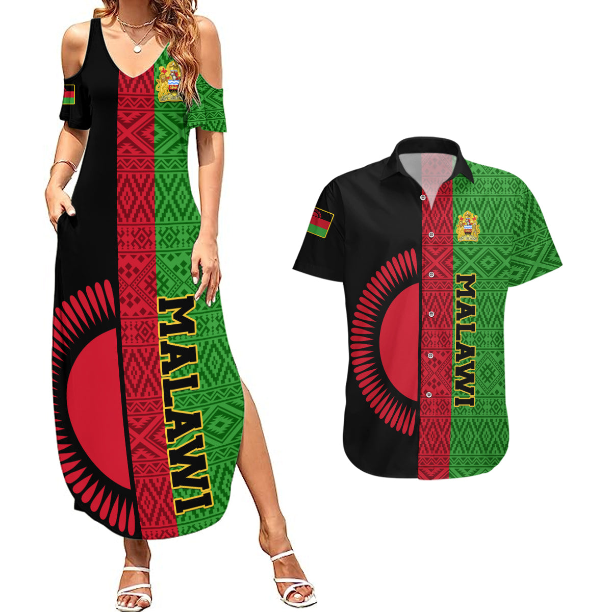 Malawi Couples Matching Summer Maxi Dress and Hawaiian Shirt With Coat Of Arms Mix African Pattern - Wonder Print Shop