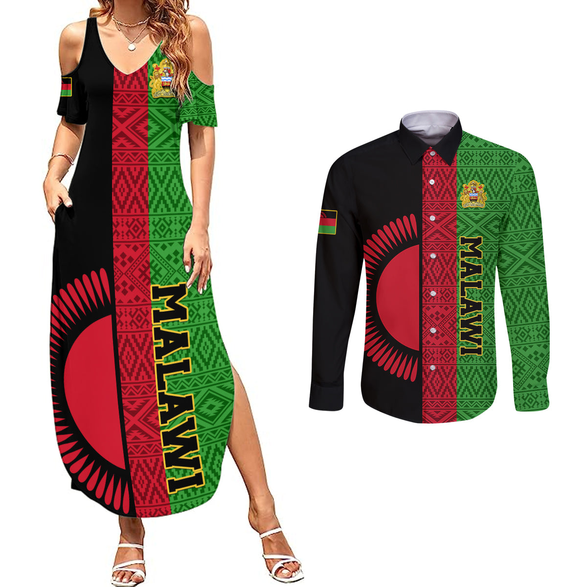 Malawi Couples Matching Summer Maxi Dress and Long Sleeve Button Shirts With Coat Of Arms Mix African Pattern - Wonder Print Shop