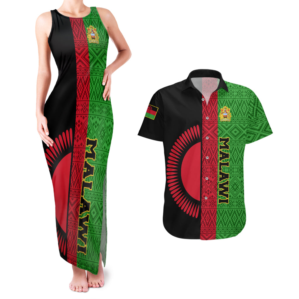 Malawi Couples Matching Tank Maxi Dress and Hawaiian Shirt With Coat Of Arms Mix African Pattern - Wonder Print Shop