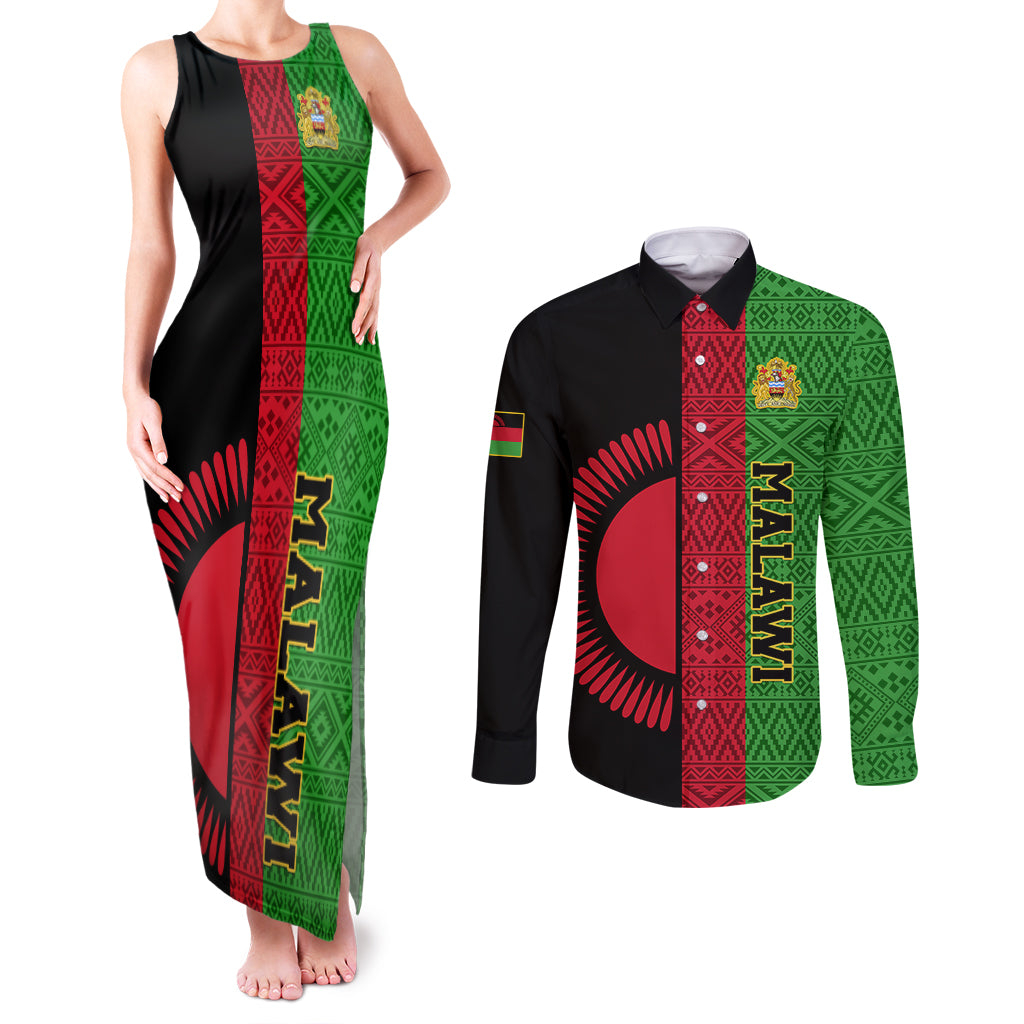 Malawi Couples Matching Tank Maxi Dress and Long Sleeve Button Shirts With Coat Of Arms Mix African Pattern - Wonder Print Shop