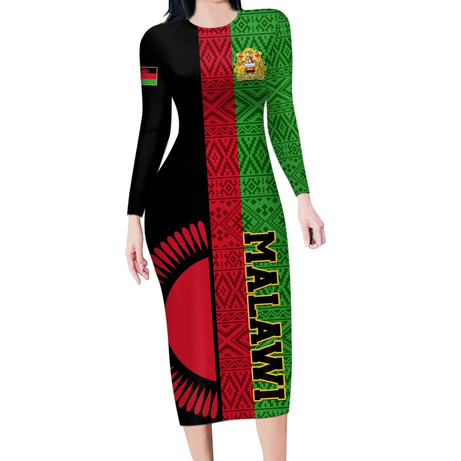 Malawi Long Sleeve Bodycon Dress With Coat Of Arms Mix African Pattern - Wonder Print Shop