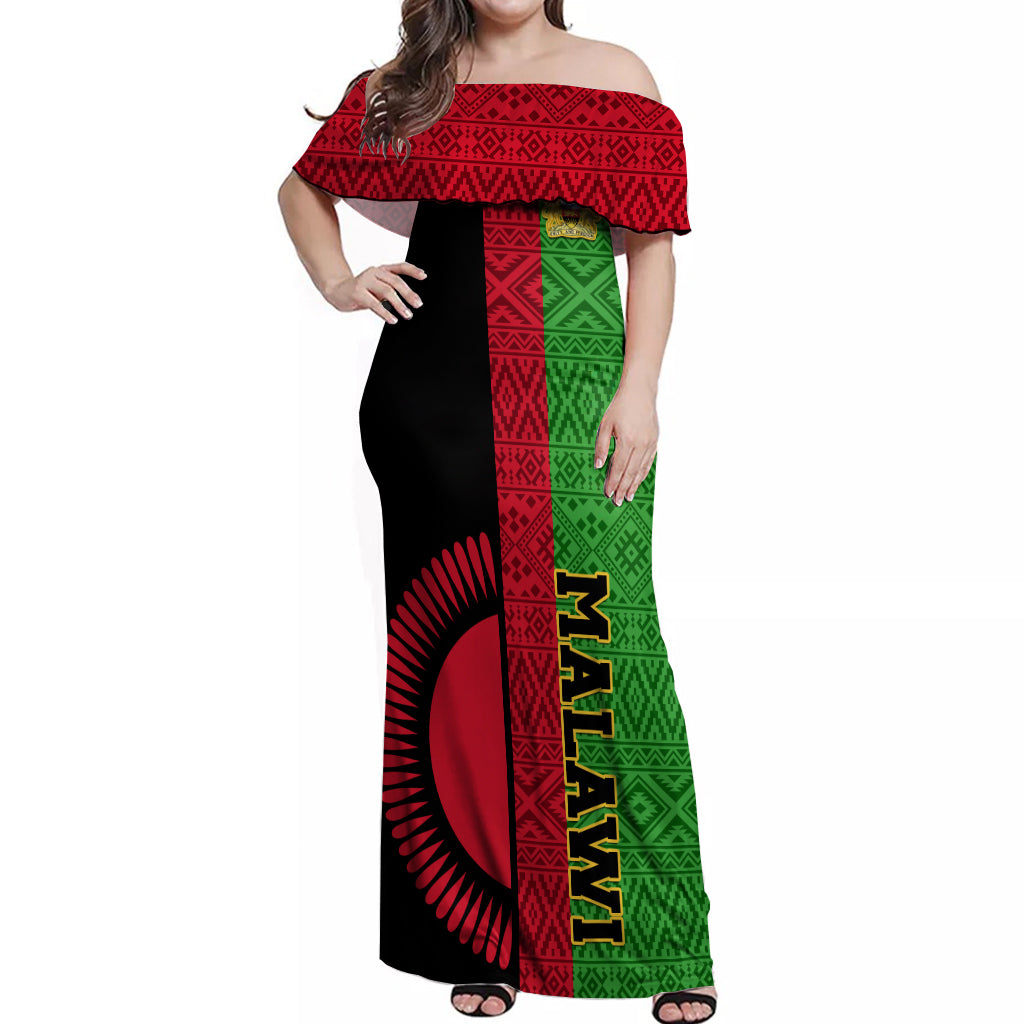 Malawi Off Shoulder Maxi Dress With Coat Of Arms Mix African Pattern - Wonder Print Shop