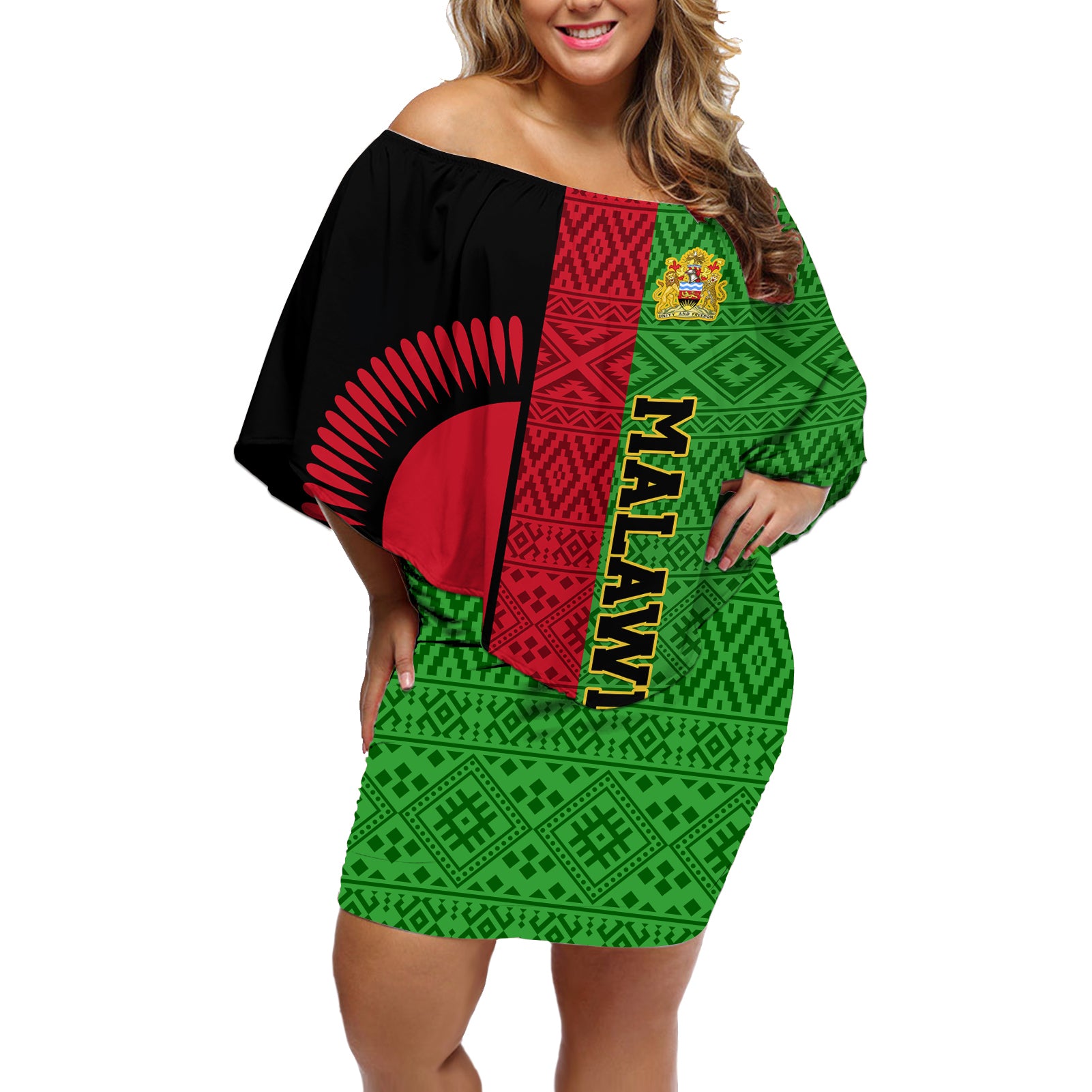 Malawi Off Shoulder Short Dress With Coat Of Arms Mix African Pattern - Wonder Print Shop