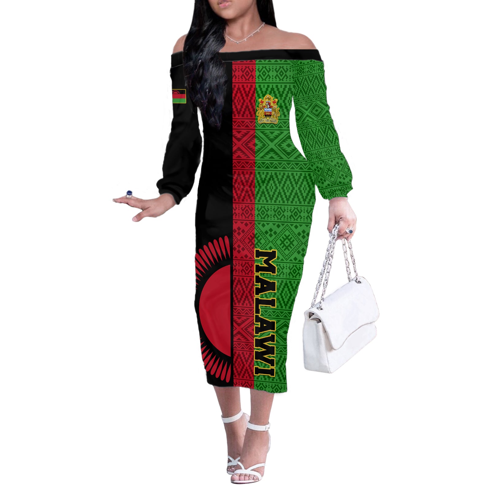 Malawi Off The Shoulder Long Sleeve Dress With Coat Of Arms Mix African Pattern - Wonder Print Shop