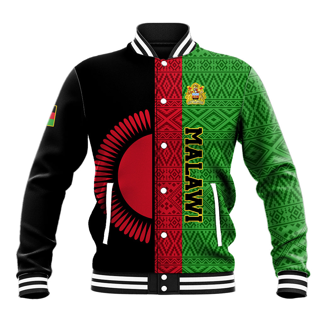 Black baseball jacket with green and red Malawi coat-of-arms front panel